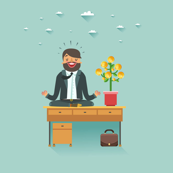 Businessman doing yoga on office table with money tree - Vector, Image