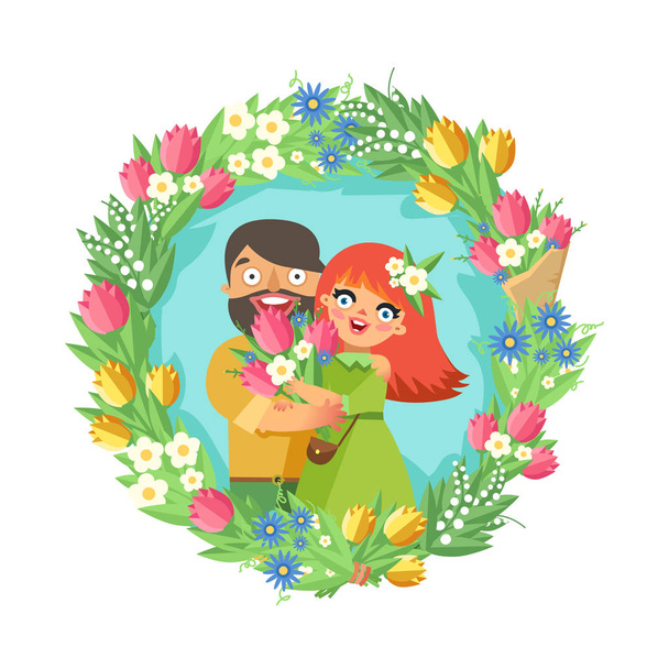 Loving couple in floral wreath. Happy hugging young man and woman in rounded floral frame with Just Married ribbon. Vector colorful illustration for wedding invitation or greeting card design.  - Вектор, зображення