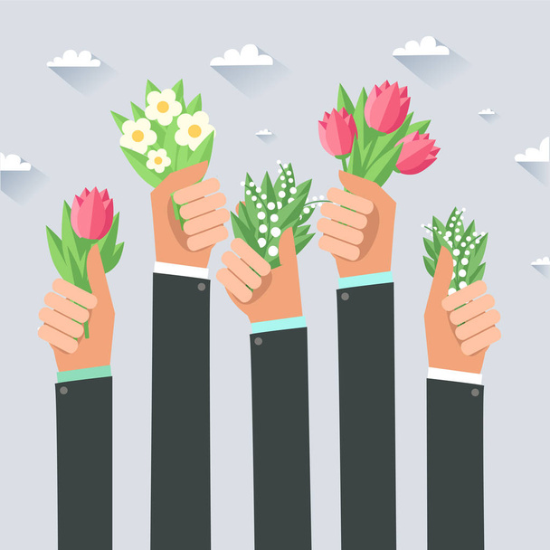 Biznesmeni ręce trzyma kwiaty. Szablon karty gratulacje - Wektor, obraz