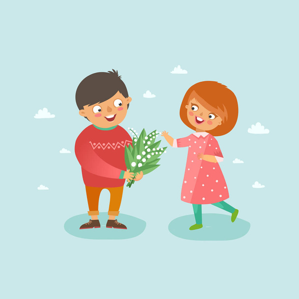 Chłopiec dając bukiet kwiatów do małej dziewczynki - Wektor, obraz