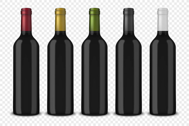 Sada 5 černá realistická vektorová lahví vína bez popisků izolované na průhledné pozadí. Šablona návrhu v Eps10. - Vektor, obrázek