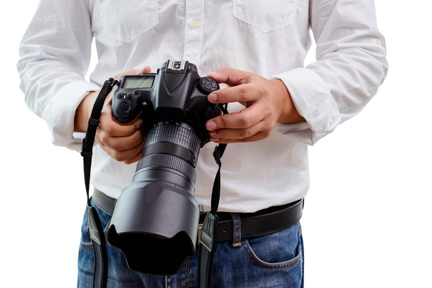 fotógrafo profesional ajusta la cámara antes de disparar
 - Foto, Imagen