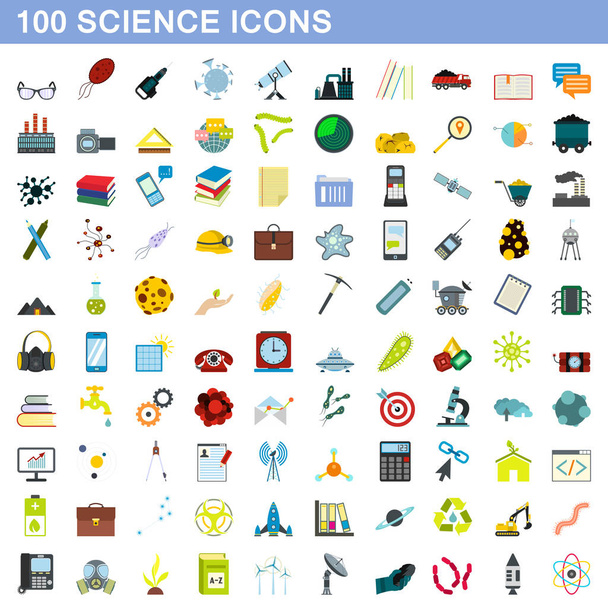100 wetenschap iconen instellen, vlakke stijl - Vector, afbeelding