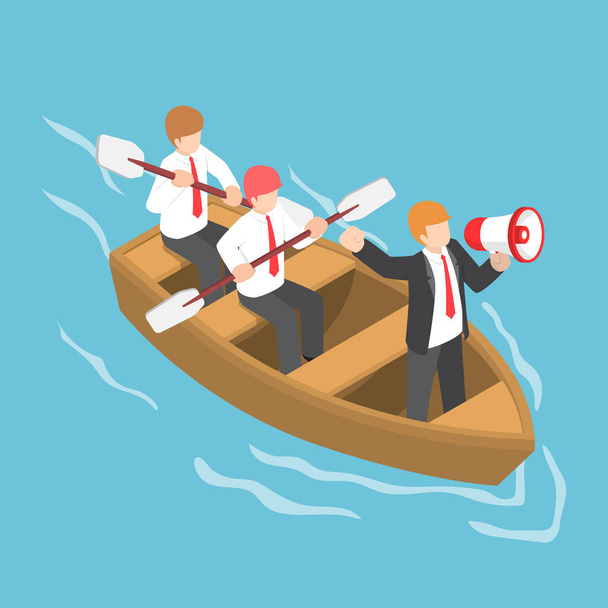 Isometric businessman in rowing team with leader command and con - Vector, Image