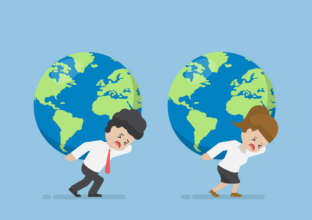 Empresario y empresaria llevan el globo mundial en su espalda
 - Vector, imagen