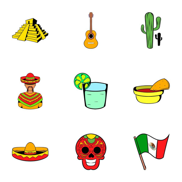 Mexikó ikonok beállítása, rajzfilm stílusú - Vektor, kép