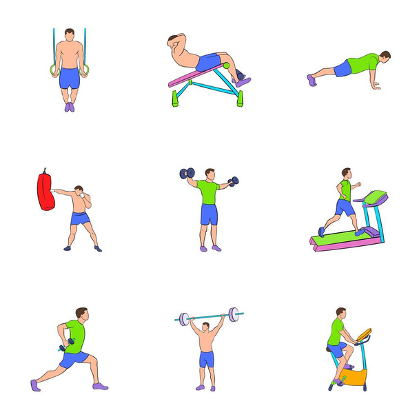 Physical exercises icons set, cartoon style - Vector, Image
