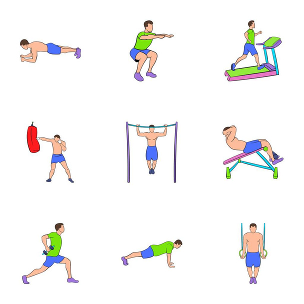 Bodybuilding iconen set, cartoon stijl - Vector, afbeelding