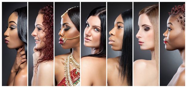Profile view collage of multiple women with various skin tones - Fotó, kép