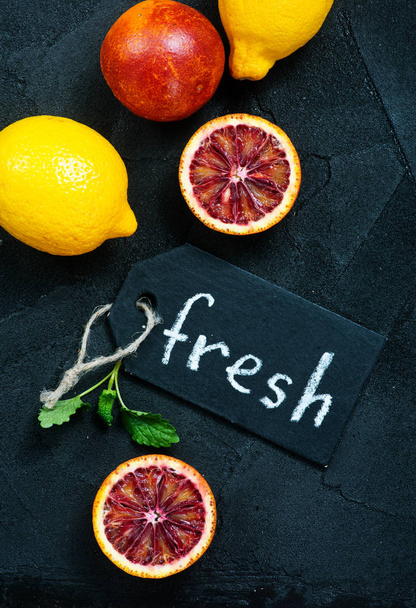  fruits on a table and word fresh  - Fotó, kép