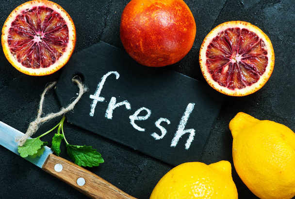  fruits on a table and word fresh  - Fotó, kép