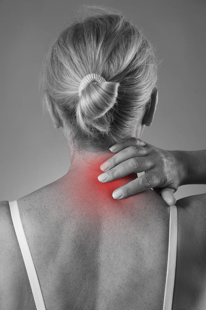 Neck pain, massage of female body, ache in woman's body - Foto, immagini