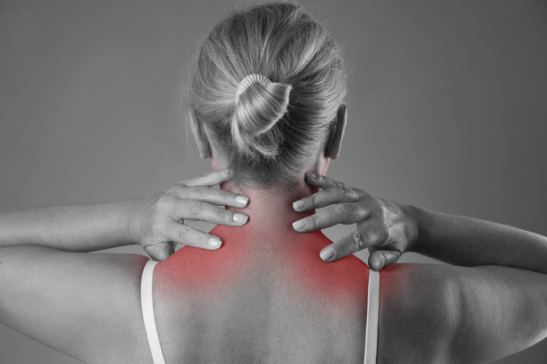 Neck pain, massage of female body, ache in woman's body - Fotoğraf, Görsel