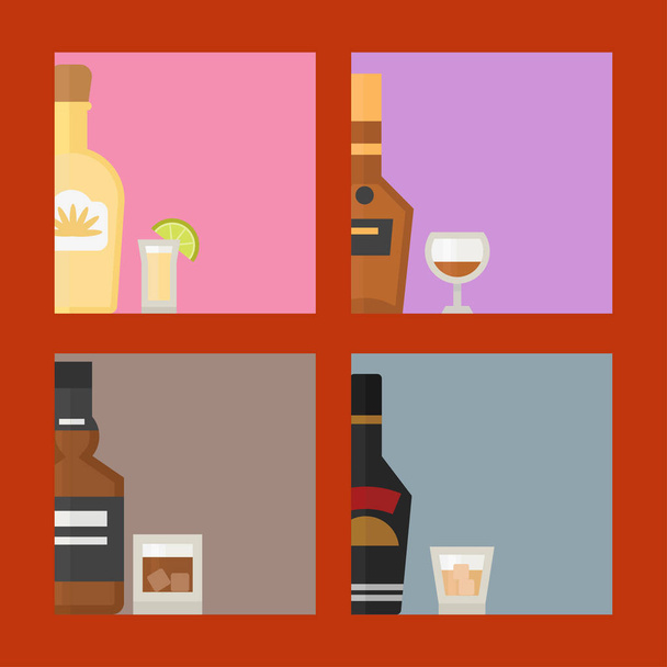 Alkohol italok italok koktél kártya italt lager frissítő palacktartó és menü részeg koncepció különböző üveg és szemüveg vektoros illusztráció. - Vektor, kép