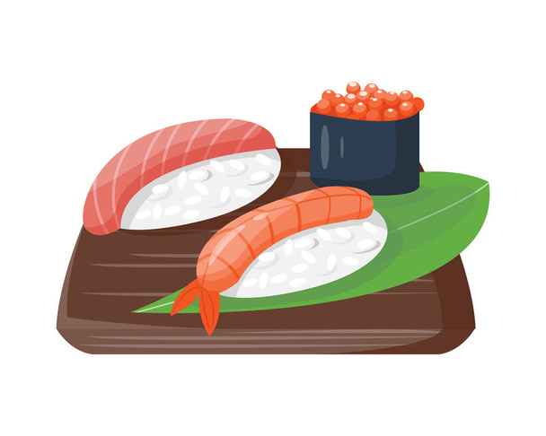 Sushi cocina japonesa comida tradicional plana saludable iconos gourmet y oriental restaurante arroz Asia plato de comida cultura rollo vector ilustración
. - Vector, Imagen