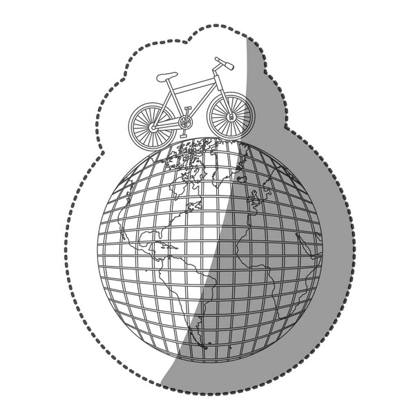 pegatina monocromo contorno de la bicicleta sobre el mapa del mundo
 - Vector, imagen