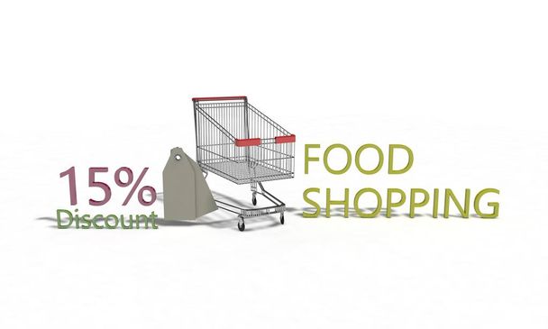 Lebensmittel-Shopping-Rabatt% 15 auf weiß, 3D-Render - Foto, Bild