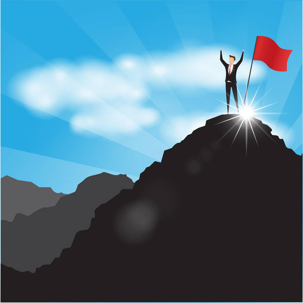 Business characters. Businessman with flag on mountain top. Successful businessman  - Vector, Image