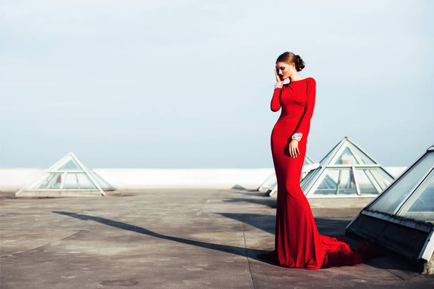 Gorgeous elegant woman in red long dress with diamonds on the roof - Foto, immagini
