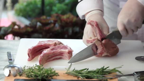 Chef-kok snijden vlees in slow-mo. - Video