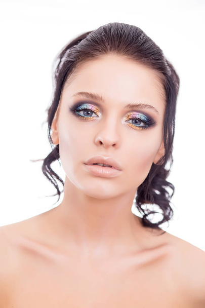 Colorful make-up woman face, beautiful brunette summer makeup, beauty fashion girl model with pink lips - Фото, зображення