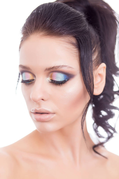 Colorful make-up woman face, beautiful brunette summer makeup, beauty fashion girl model with pink lips - Foto, imagen