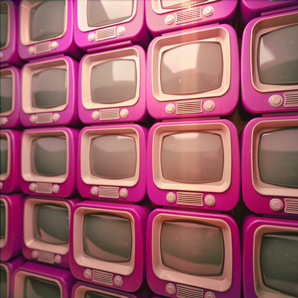 Pile of color retro TV. Antique television sets background. 3D illustration - Foto, imagen