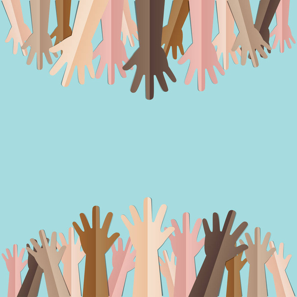 Verhoogde handen omhoog samen met verschillende huidskleur van veel mensen - Vector, afbeelding