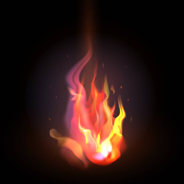 Elszigetelt reális narancssárga és piros tűz lángja, a sötét háttere - Vektor, kép
