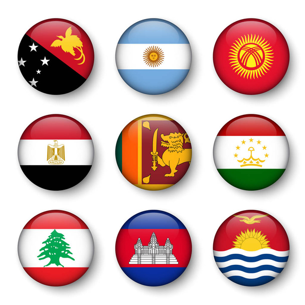 Set of world flags round badges ( Papua New Guinea . Argentina . Kyrgyzstan . Egypt . Sri Lanka . Tajikistan . Lebanon . Cambodia . Kiribati ) - Vettoriali, immagini