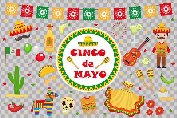 Cinco de Mayo ünnep Mexikóban, a ikonok beállítása, a design elem, a lapos stílusú. Gyűjtemény objektumok Cinco de Mayo parade, pinata, élelmiszer, sambrero, tequila, kaktusz. Vektoros illusztráció, clipart - Vektor, kép