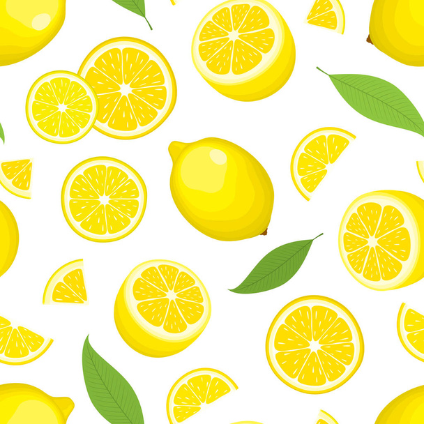 Sfondo senza cuciture vettoriale di prodotto di agrume - limone con foglie su sfondo bianco. Frutta e fette intere. Disegno copertina
.  - Vettoriali, immagini