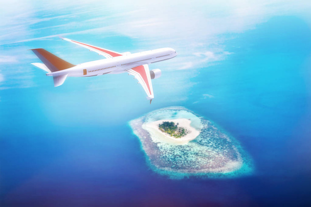 Самолет пролетает над Мальдивскими островами
  - Фото, изображение