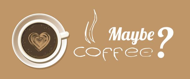 Espresso kopje met latte art heart. Banner van cappuccino mok op witte schotel met kan koffie citaat. Geïsoleerd op lichtbruine achtergrond. Vector eps8 illustratie. - Vector, afbeelding