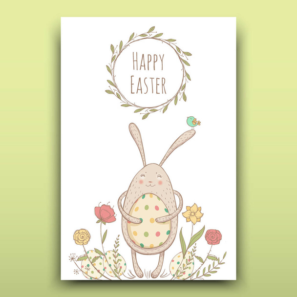 Szép Húsvéti üdvözlőlap festett húsvéti nyuszi a virágos háttér - Vektor, kép