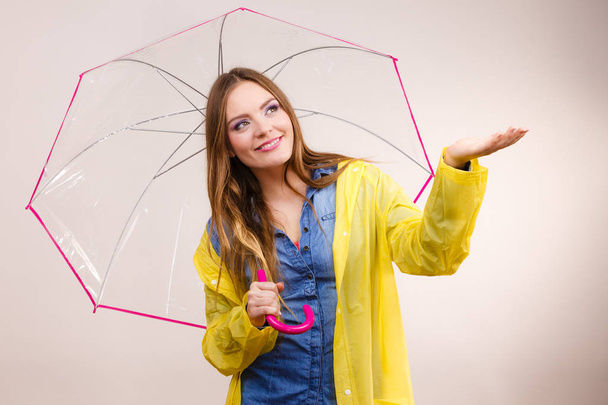 Woman in rainproof coat with umbrella. Forecasting - Fotoğraf, Görsel