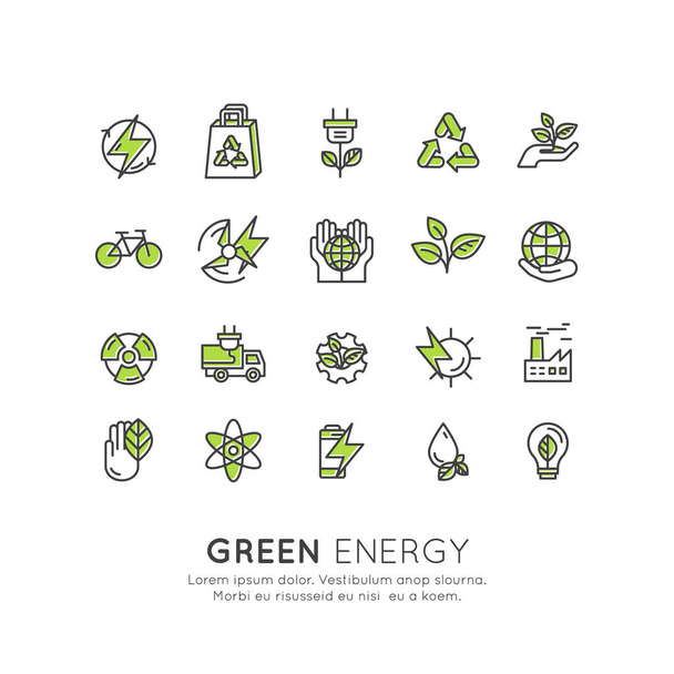 środowiska, energii ze źródeł odnawialnych, zrównoważonych technologii, recykling, ekologia rozwiązania. Ikony dla witryny sieci Web, aplikacja mobilna konstrukcja, samochód elektryczny - Wektor, obraz