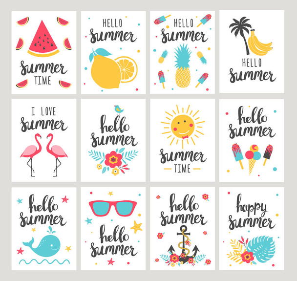 Conjunto de cartões de férias de verão. Mão desenhada belos cartazes
.  - Vetor, Imagem
