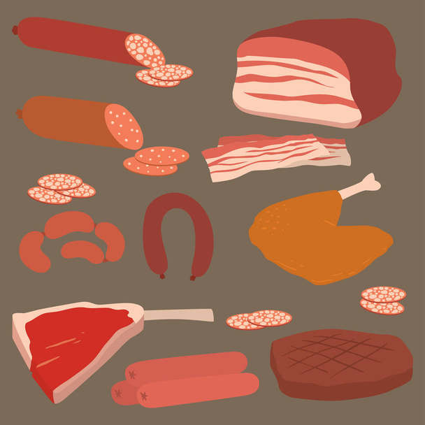 Vlees producten reeks cartoon heerlijke barbecue kebab diverse heerlijke gastronomische maaltijd en dierlijke assortiment segment lamsvlees gekookt vectorillustratie - Vector, afbeelding