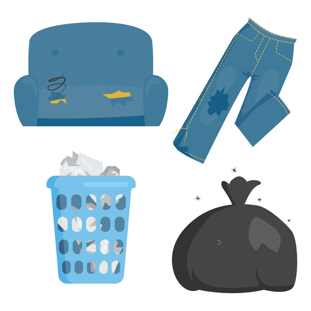 Recycling garbage elements trash bags tires management industry utilize concept and waste ecology can bottle recycling disposal box vector illustration. - Vektor, kép