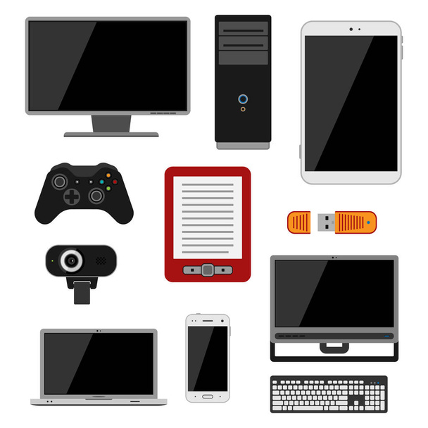 Iconos de aparatos electrónicos tecnología electrónica dispositivos multimedia control de objetos cotidianos y conexión a la computadora ilustración vectorial de red digital
. - Vector, imagen