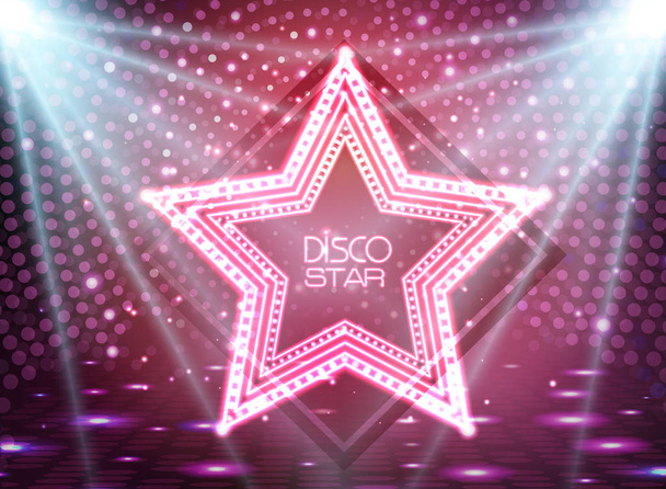 Neon sign disco star on night disco background - Vector, imagen