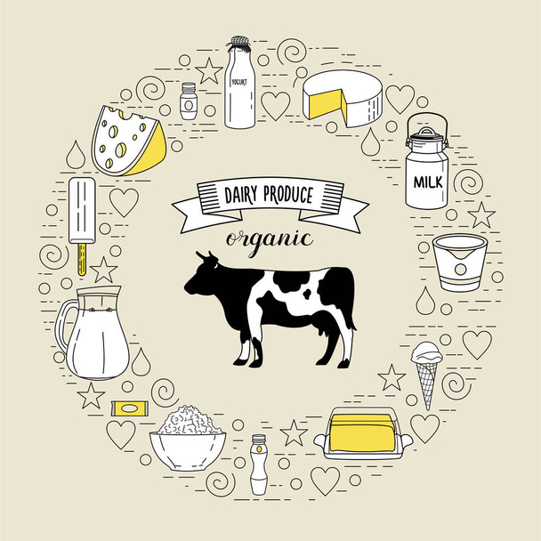 Une vache et un ensemble de produits laitiers sains orientés en cercle
. - Vecteur, image