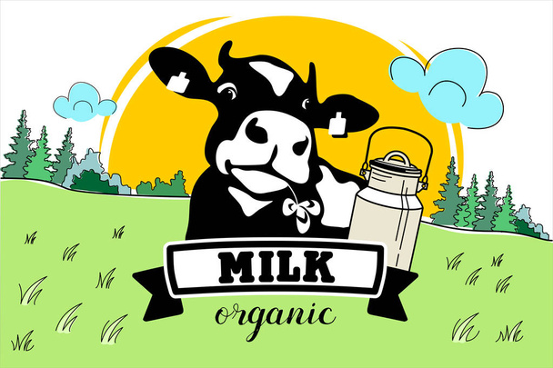 La vaca en el prado. Ilustración vectorial. Productos lácteos, leche
 - Vector, Imagen