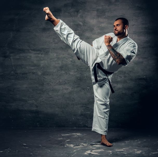 Bearded karate fighter in action - Photo, Image