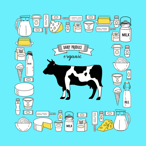 Set di vacche e prodotti lattiero-caseari situato nel rettangolo
. - Vettoriali, immagini