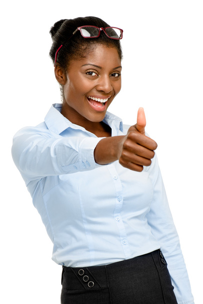 Happy African American businesswoman thumbs up isolated on white - Foto, Bild