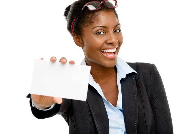 African American businesswoman holding white card - Zdjęcie, obraz