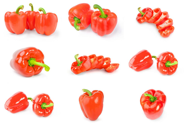 Collection of red bell peppers on a white background cutout - Photo, Image