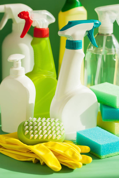 cleaning items household spray brush sponge glove - Φωτογραφία, εικόνα